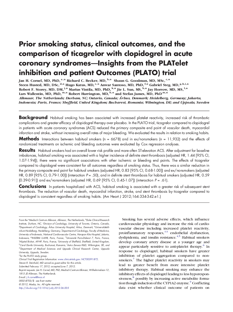 Prior smoking status, clinical outcomes, and the comparison of ticagrelor with clopidogrel in acute coronary syndromes-Insights from the PLATelet inhibition and patient Outcomes (PLATO) trial