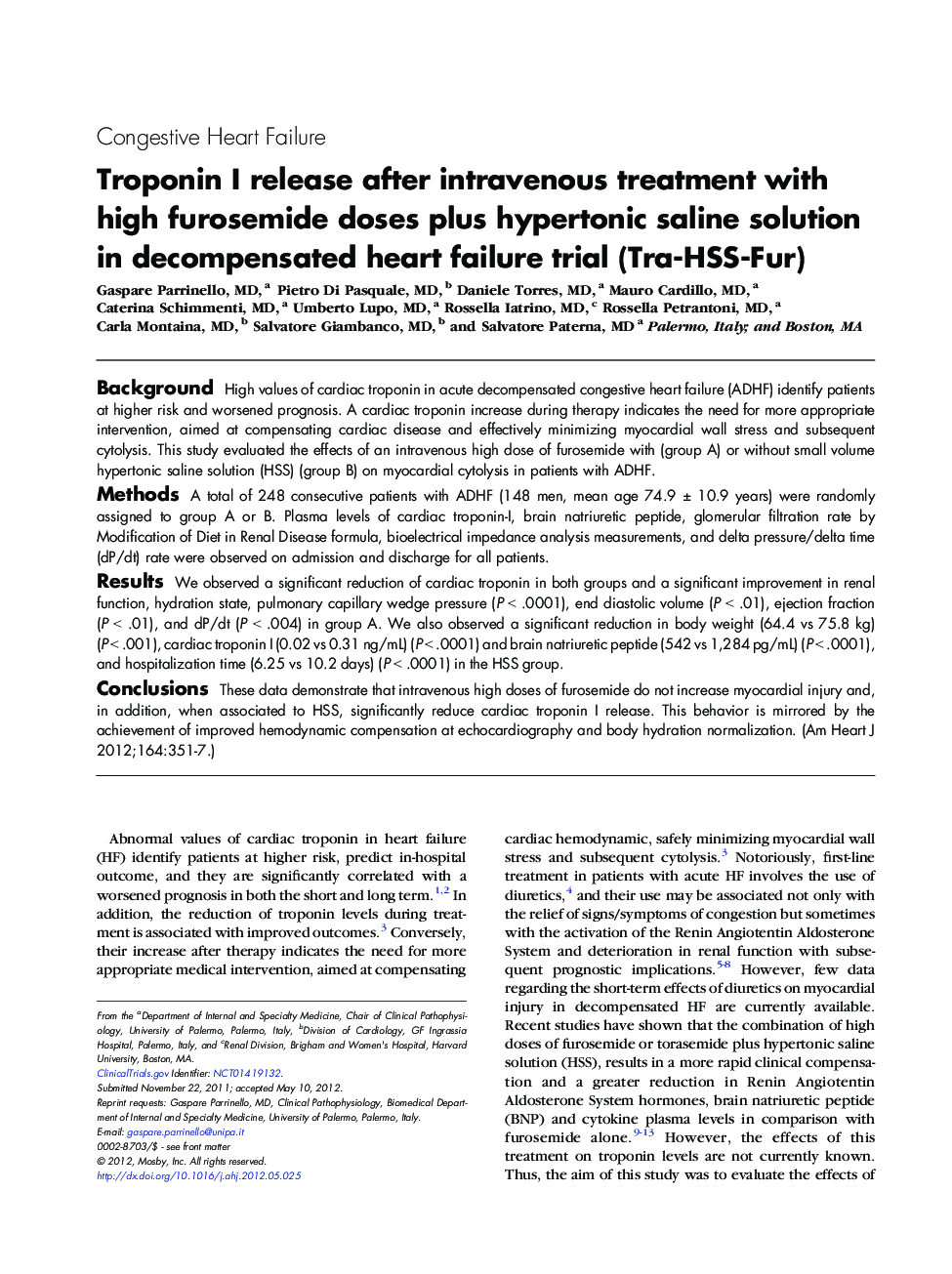 Troponin I release after intravenous treatment with high furosemide doses plus hypertonic saline solution in decompensated heart failure trial (Tra-HSS-Fur) 