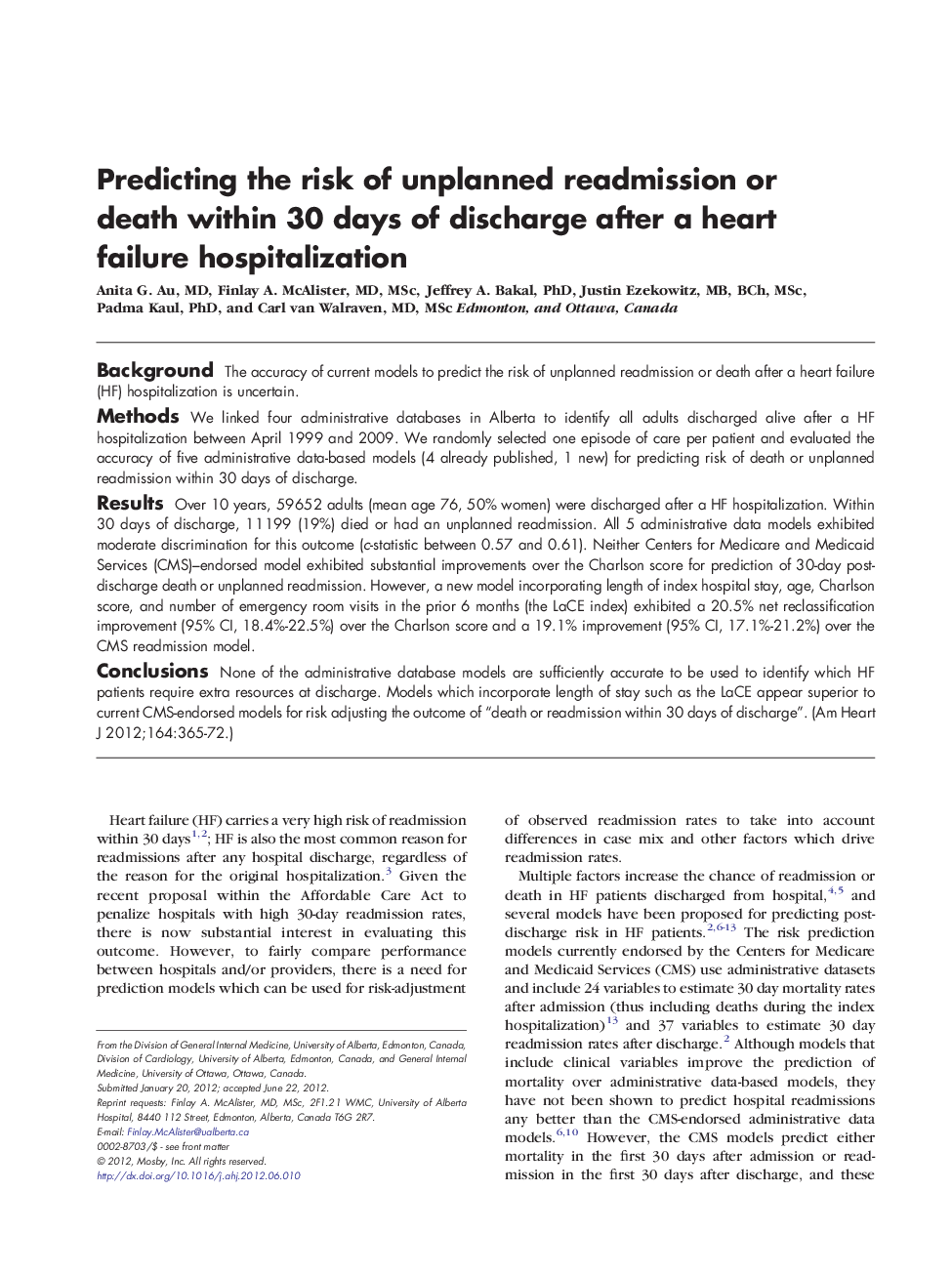 Predicting the risk of unplanned readmission or death within 30 days of discharge after a heart failure hospitalization