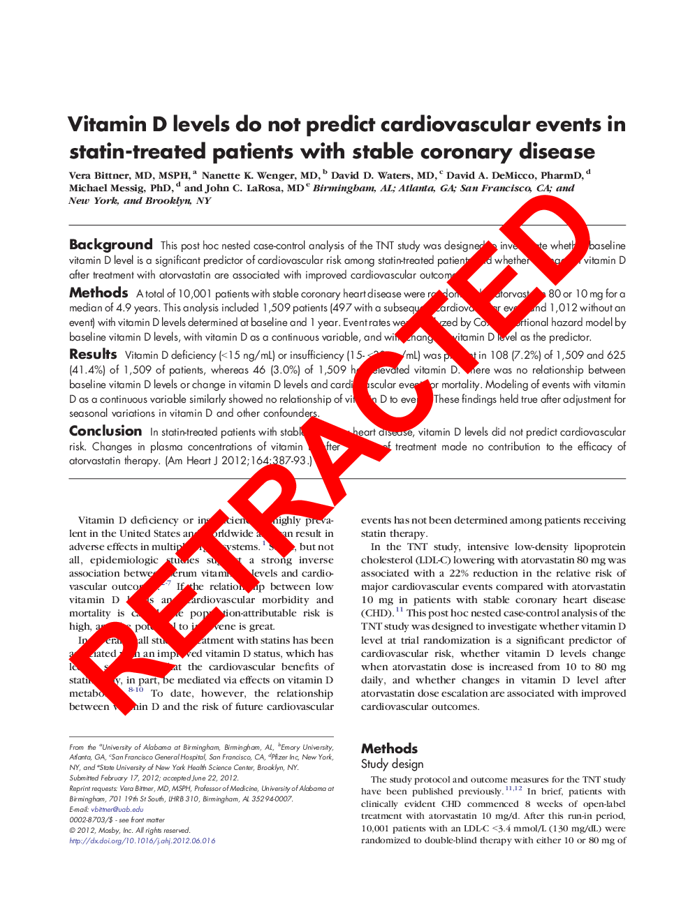 RETRACTED: Vitamin D levels do not predict cardiovascular events in statin-treated patients with stable coronary disease [Am Heart J 2012;164:387-393]