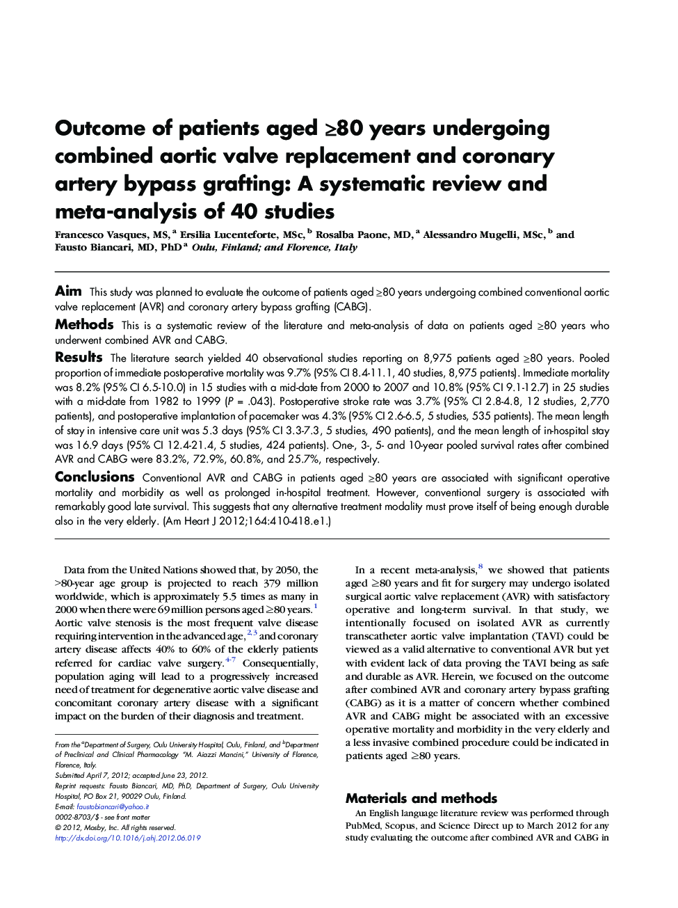 Outcome of patients aged â¥80 years undergoing combined aortic valve replacement and coronary artery bypass grafting: A systematic review and meta-analysis of 40 studies