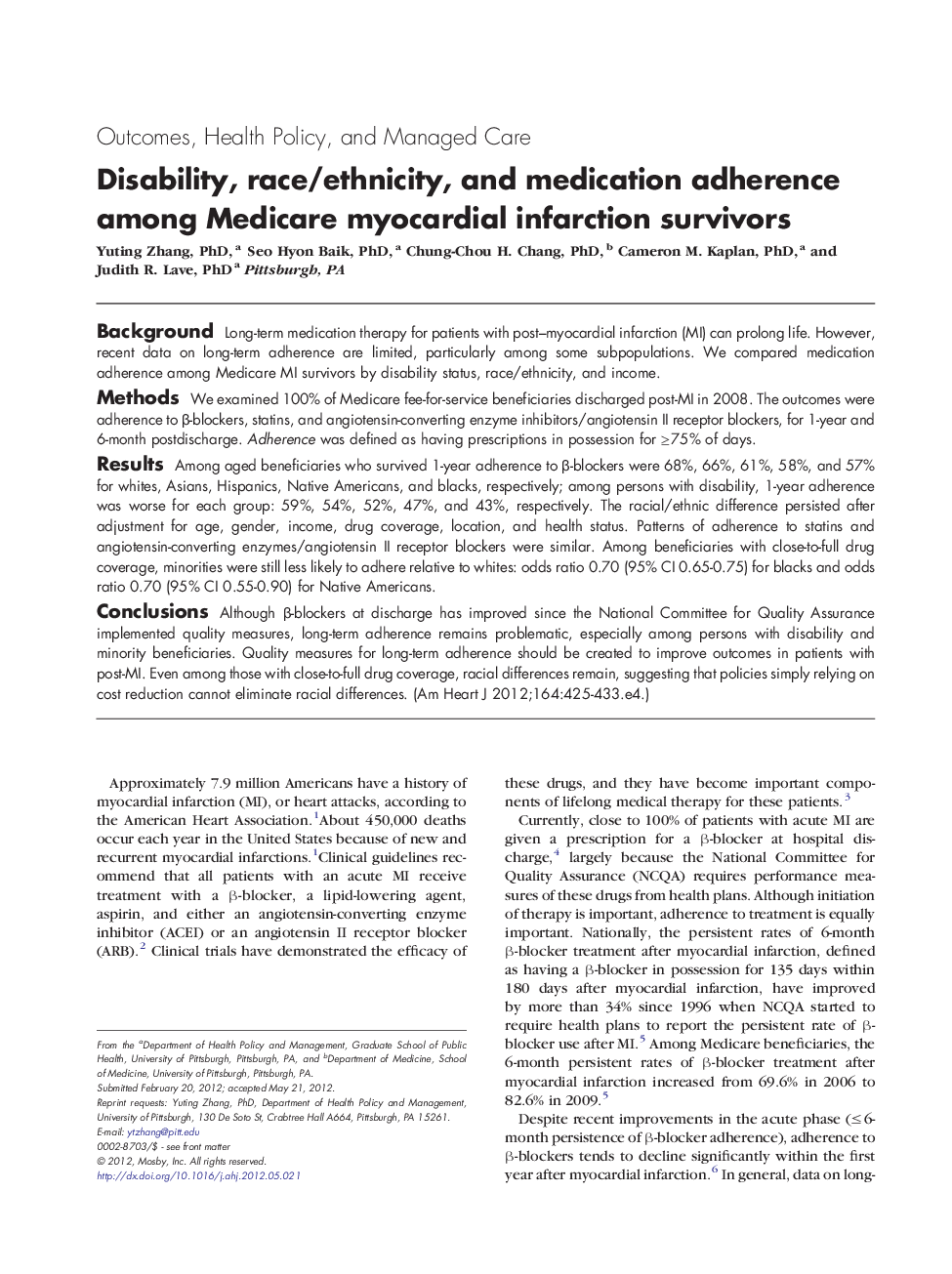 عکس صفحه اول مقاله: Disability, race/ethnicity, and medication adherence among Medicare myocardial infarction survivors Disability, race/ethnicity, and medication adherence among Medicare myocardial infarction survivors