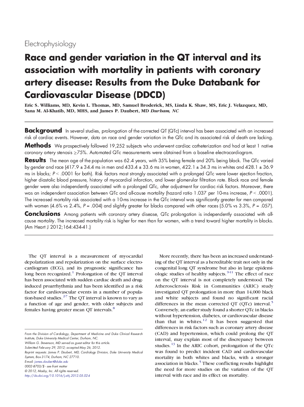عکس صفحه اول مقاله: Race and gender variation in the QT interval and its association with mortality in patients with coronary artery disease: Results from the Duke Databank for Cardiovascular Disease (DDCD) Race and gender variation in the QT interval and its association with mortality in patients with coronary artery disease: Results from the Duke Databank for Cardiovascular Disease (DDCD)