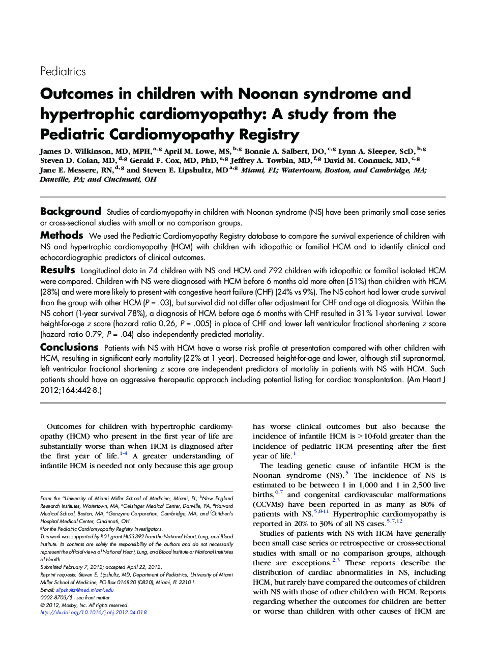 Outcomes in children with Noonan syndrome and hypertrophic cardiomyopathy: A study from the Pediatric Cardiomyopathy Registry 