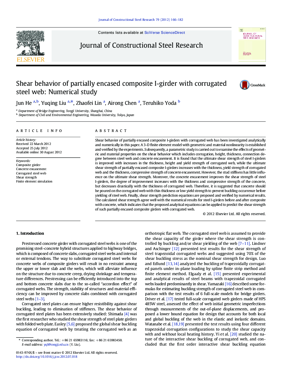 Shear behavior of partially encased composite I-girder with corrugated steel web: Numerical study