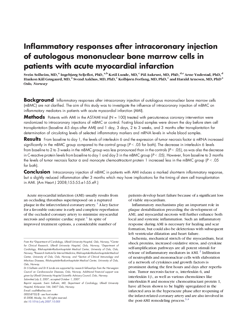 Inflammatory responses after intracoronary injection of autologous mononuclear bone marrow cells in patients with acute myocardial infarction