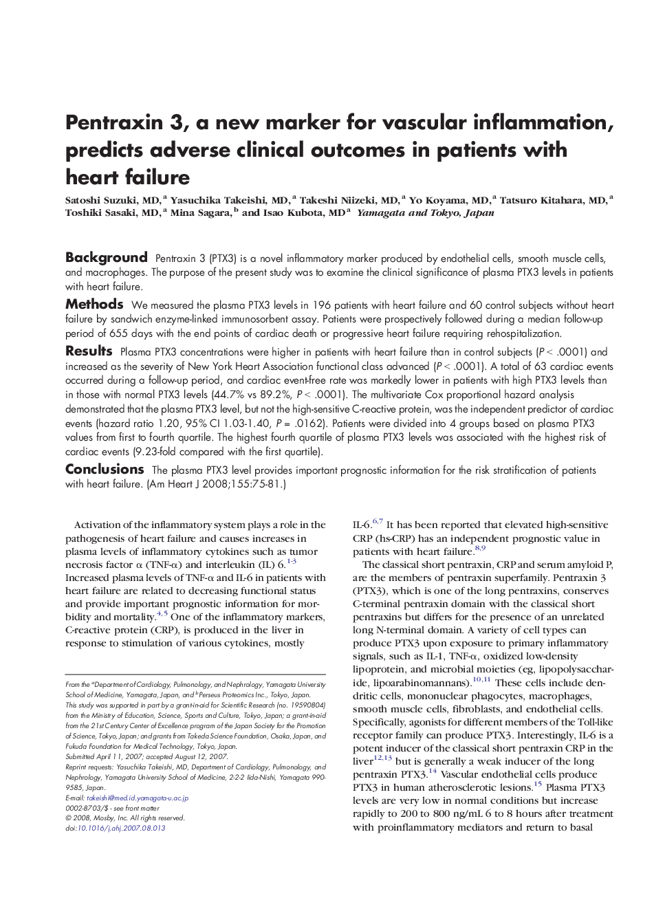 Pentraxin 3, a new marker for vascular inflammation, predicts adverse clinical outcomes in patients with heart failure 