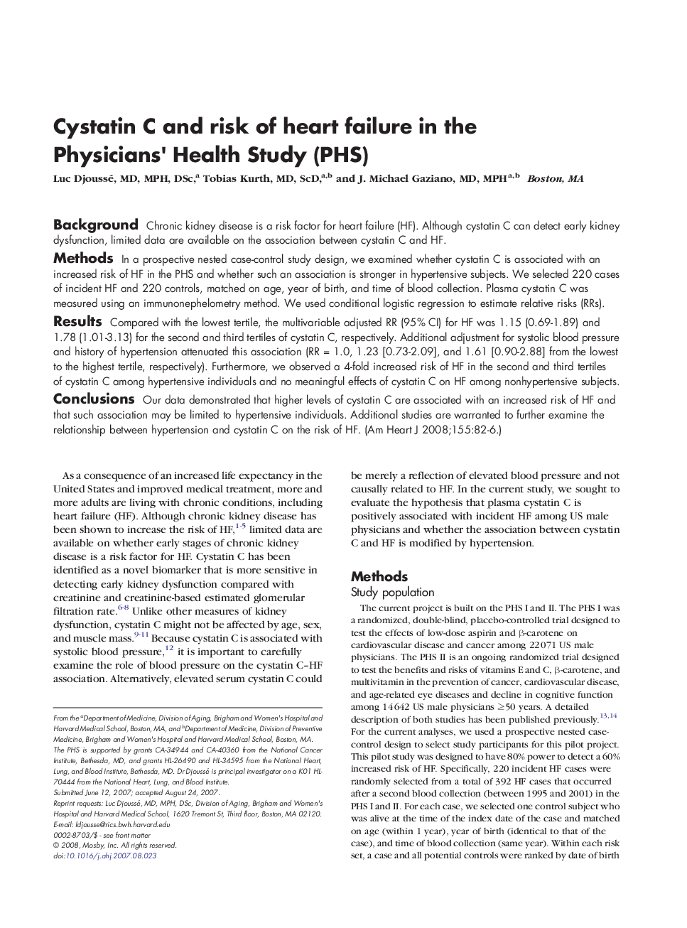 Cystatin C and risk of heart failure in the Physicians' Health Study (PHS) 