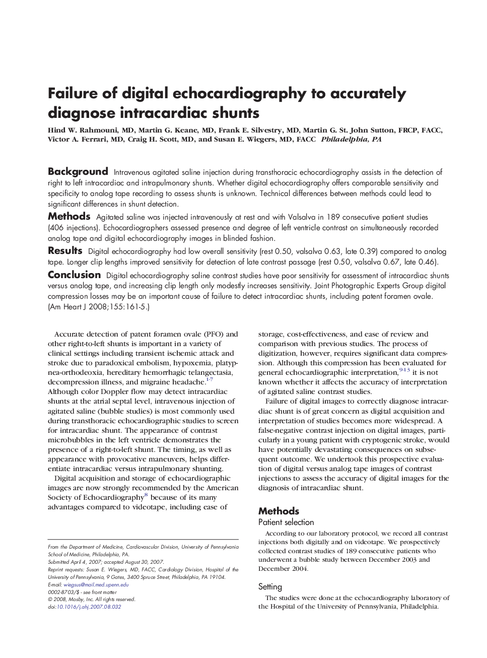 عکس صفحه اول مقاله: Failure of digital echocardiography to accurately diagnose intracardiac shunts Failure of digital echocardiography to accurately diagnose intracardiac shunts