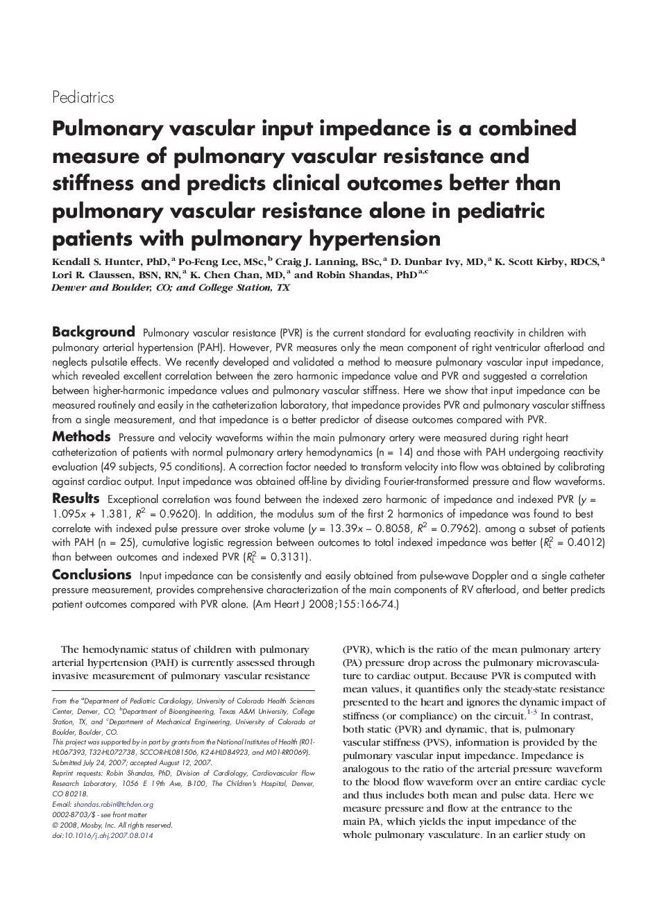 Pulmonary vascular input impedance is a combined measure of pulmonary vascular resistance and stiffness and predicts clinical outcomes better than pulmonary vascular resistance alone in pediatric patients with pulmonary hypertension 