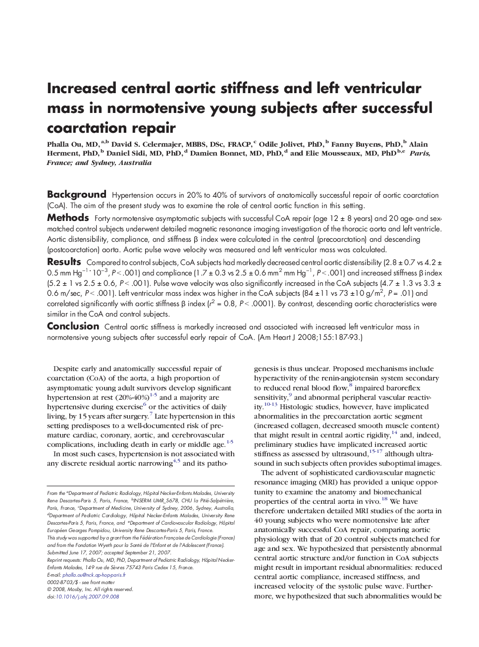 Increased central aortic stiffness and left ventricular mass in normotensive young subjects after successful coarctation repair 