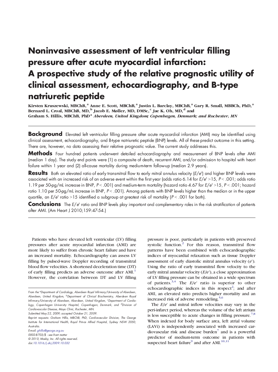 Noninvasive assessment of left ventricular filling pressure after acute myocardial infarction: A prospective study of the relative prognostic utility of clinical assessment, echocardiography, and B-type natriuretic peptide