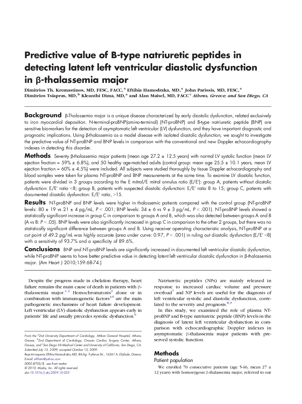 Predictive value of B-type natriuretic peptides in detecting latent left ventricular diastolic dysfunction in β-thalassemia major