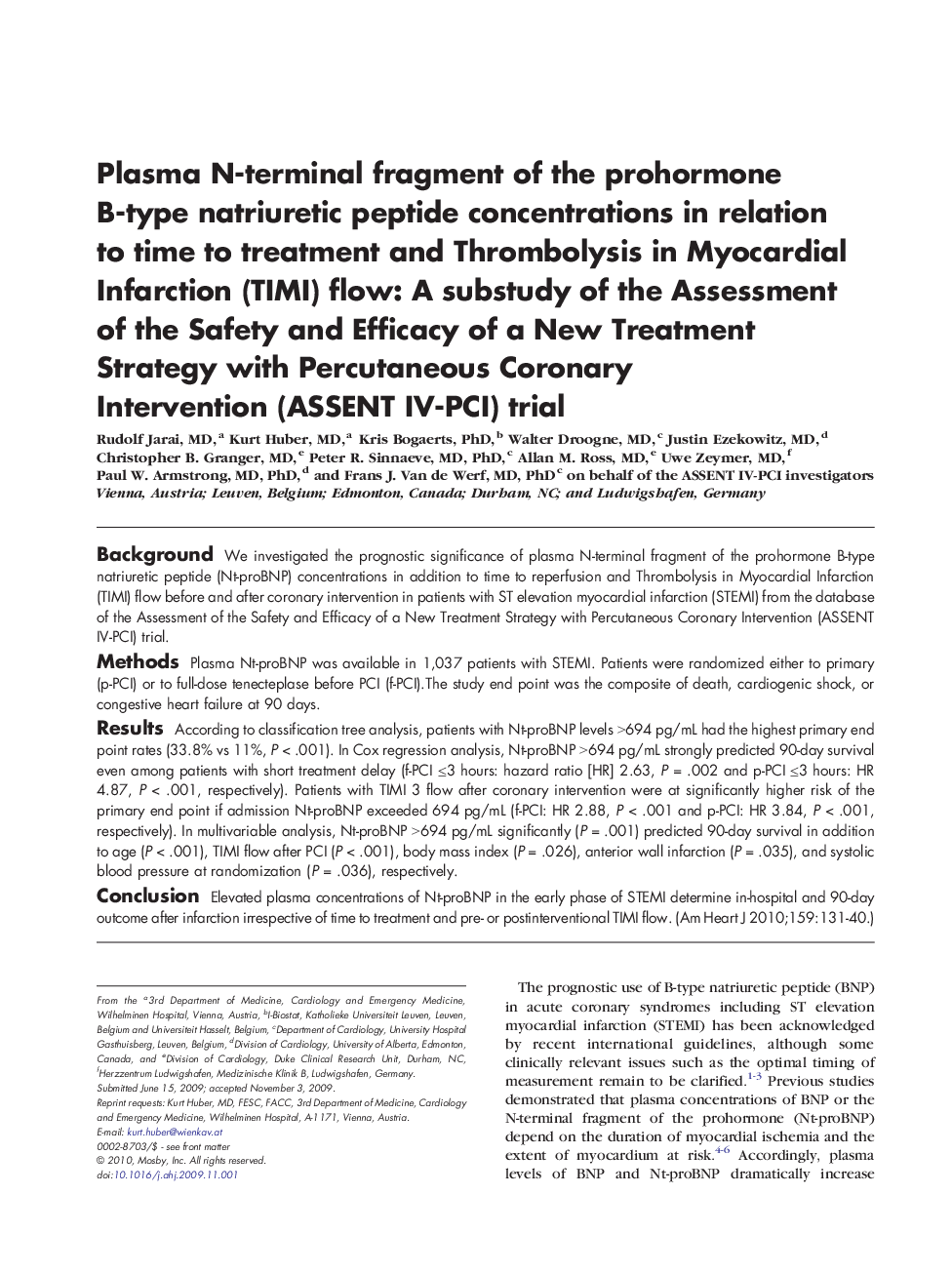 Plasma N-terminal fragment of the prohormone B-type natriuretic peptide concentrations in relation to time to treatment and Thrombolysis in Myocardial Infarction (TIMI) flow: A substudy of the Assessment of the Safety and Efficacy of a New Treatment Strat