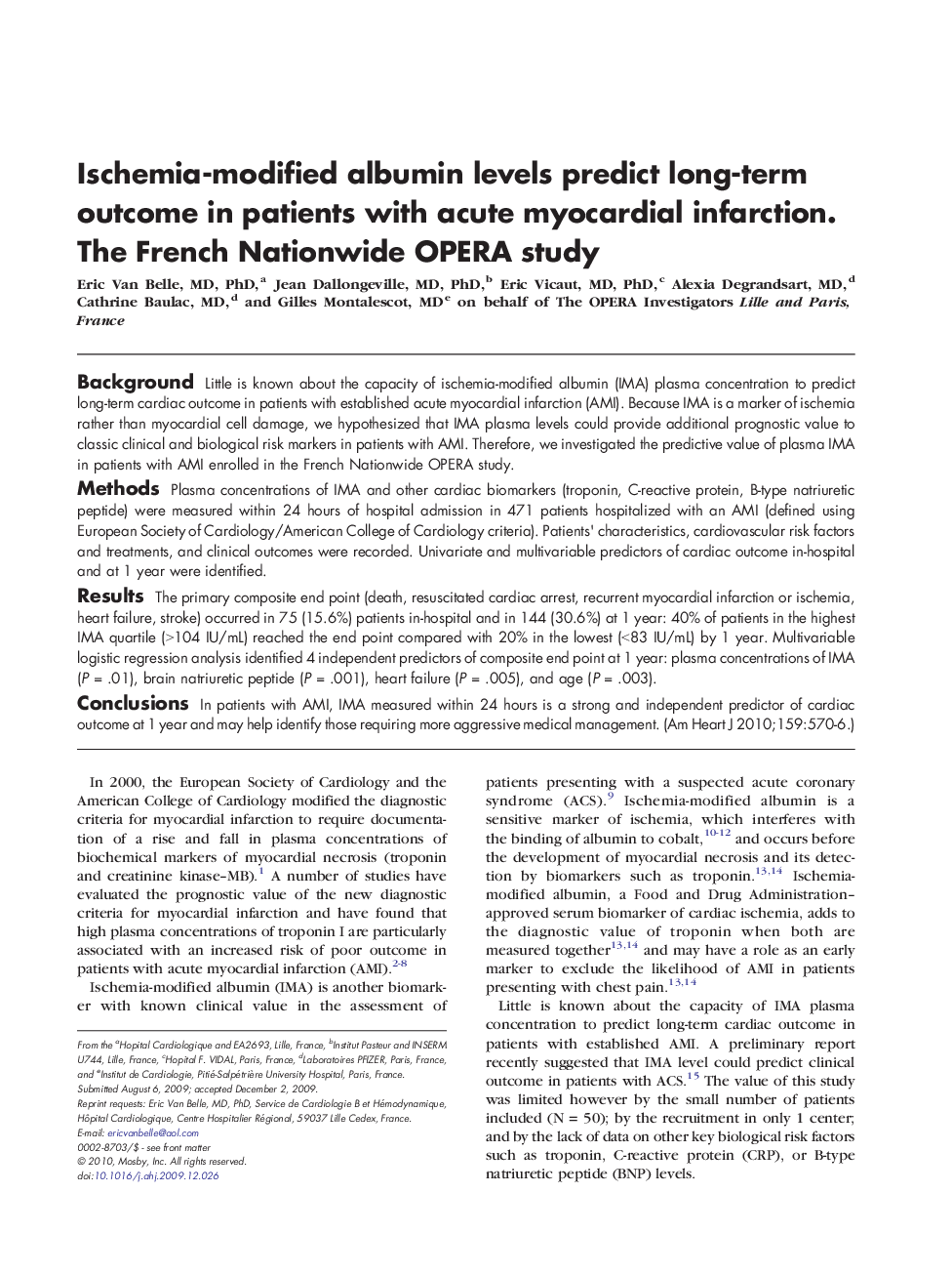 Ischemia-modified albumin levels predict long-term outcome in patients with acute myocardial infarction. The French Nationwide OPERA study