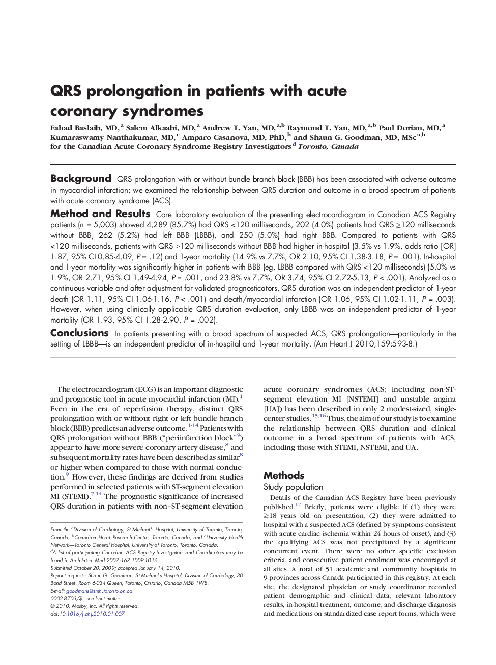 QRS prolongation in patients with acute coronary syndromes