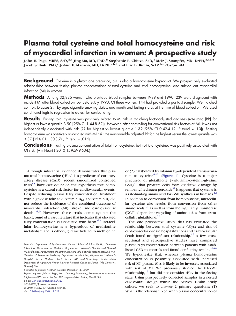 Plasma total cysteine and total homocysteine and risk of myocardial infarction in women: A prospective study