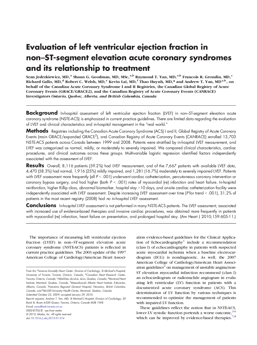 Evaluation of left ventricular ejection fraction in non-ST-segment elevation acute coronary syndromes and its relationship to treatment