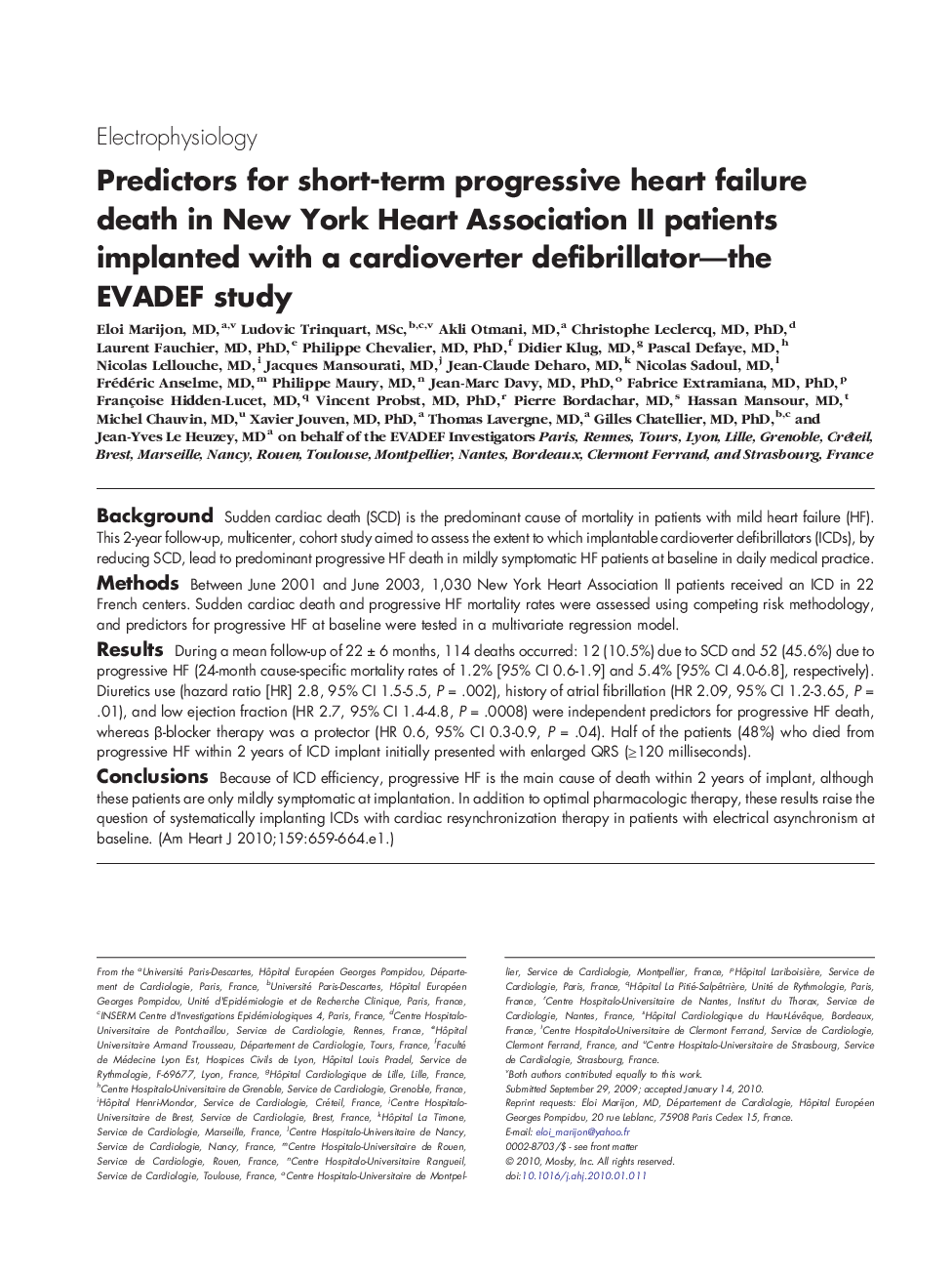 Predictors for short-term progressive heart failure death in New York Heart Association II patients implanted with a cardioverter defibrillator-the EVADEF study