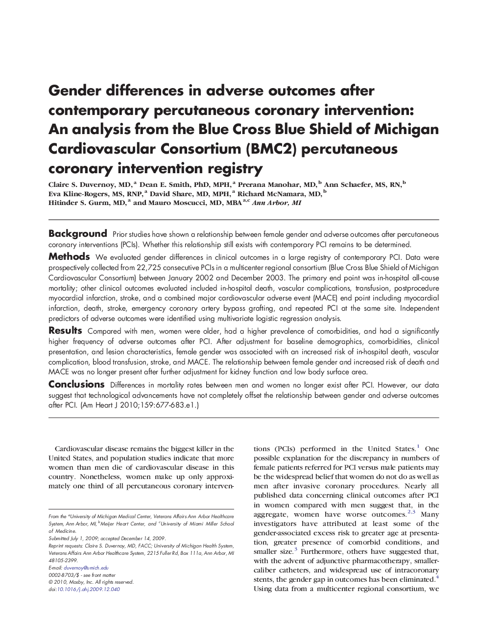 Gender differences in adverse outcomes after contemporary percutaneous coronary intervention: An analysis from the Blue Cross Blue Shield of Michigan Cardiovascular Consortium (BMC2) percutaneous coronary intervention registry