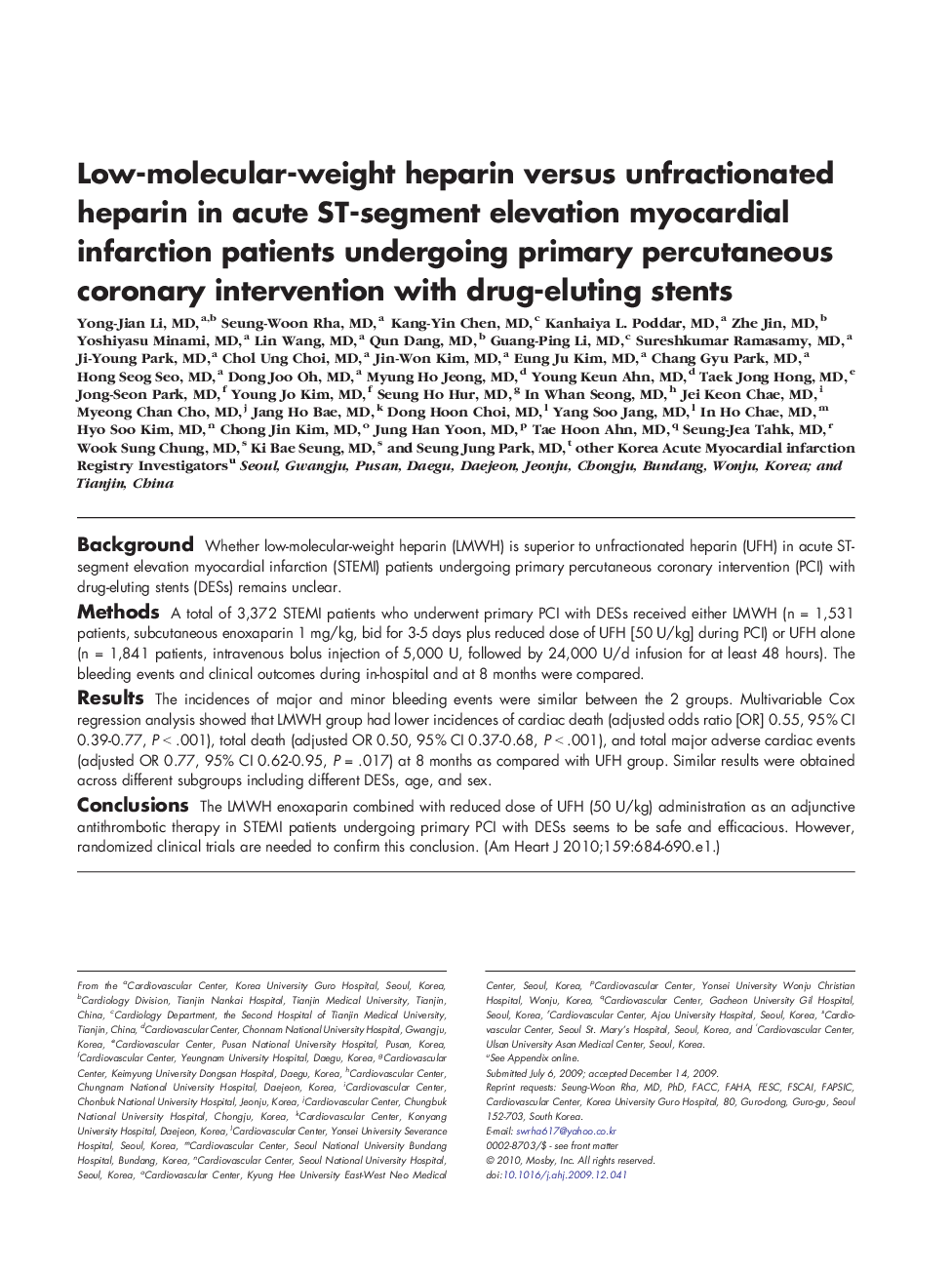 Low-molecular-weight heparin versus unfractionated heparin in acute ST-segment elevation myocardial infarction patients undergoing primary percutaneous coronary intervention with drug-eluting stents
