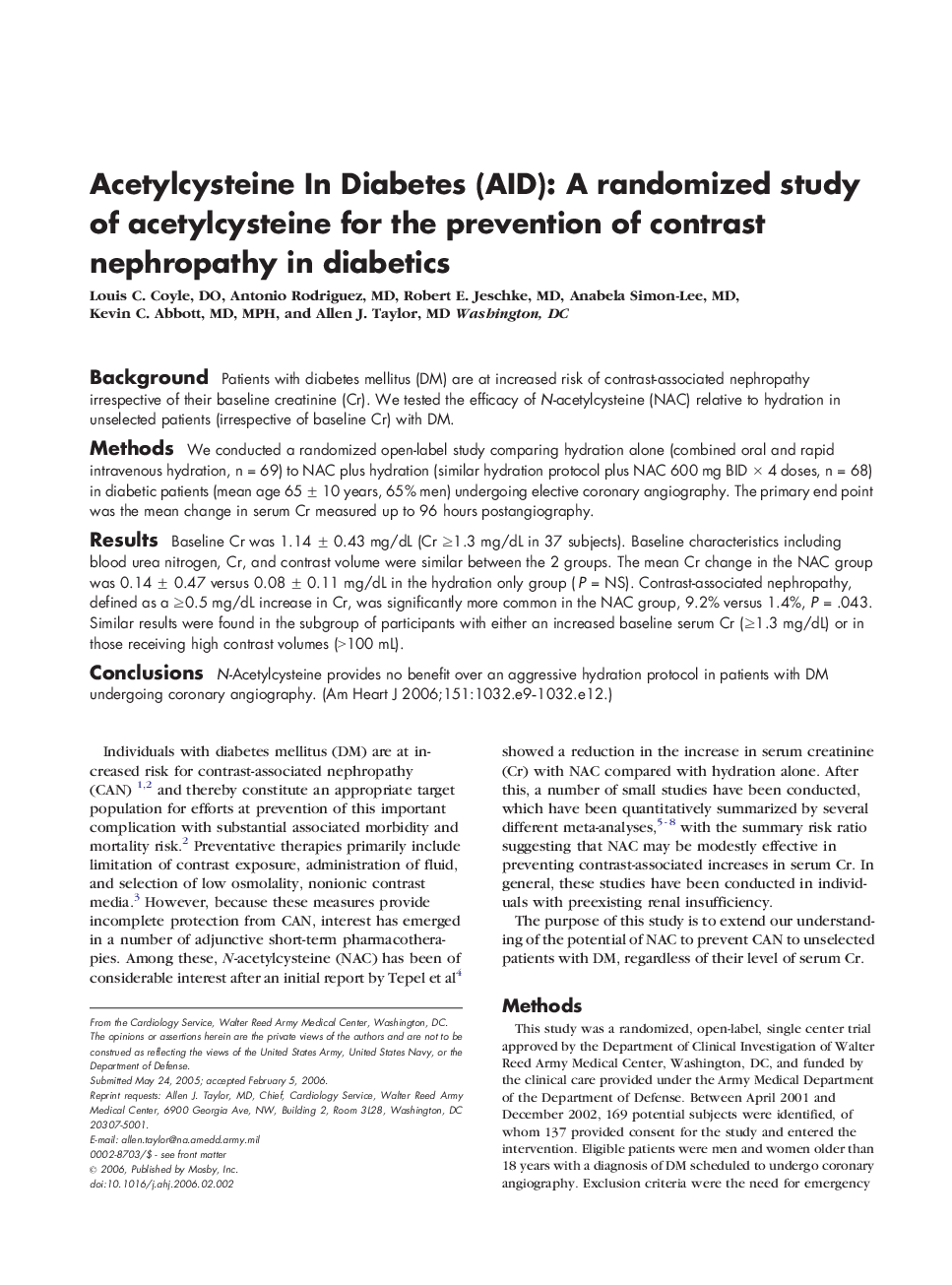 Acetylcysteine In Diabetes (AID): A randomized study of acetylcysteine for the prevention of contrast nephropathy in diabetics