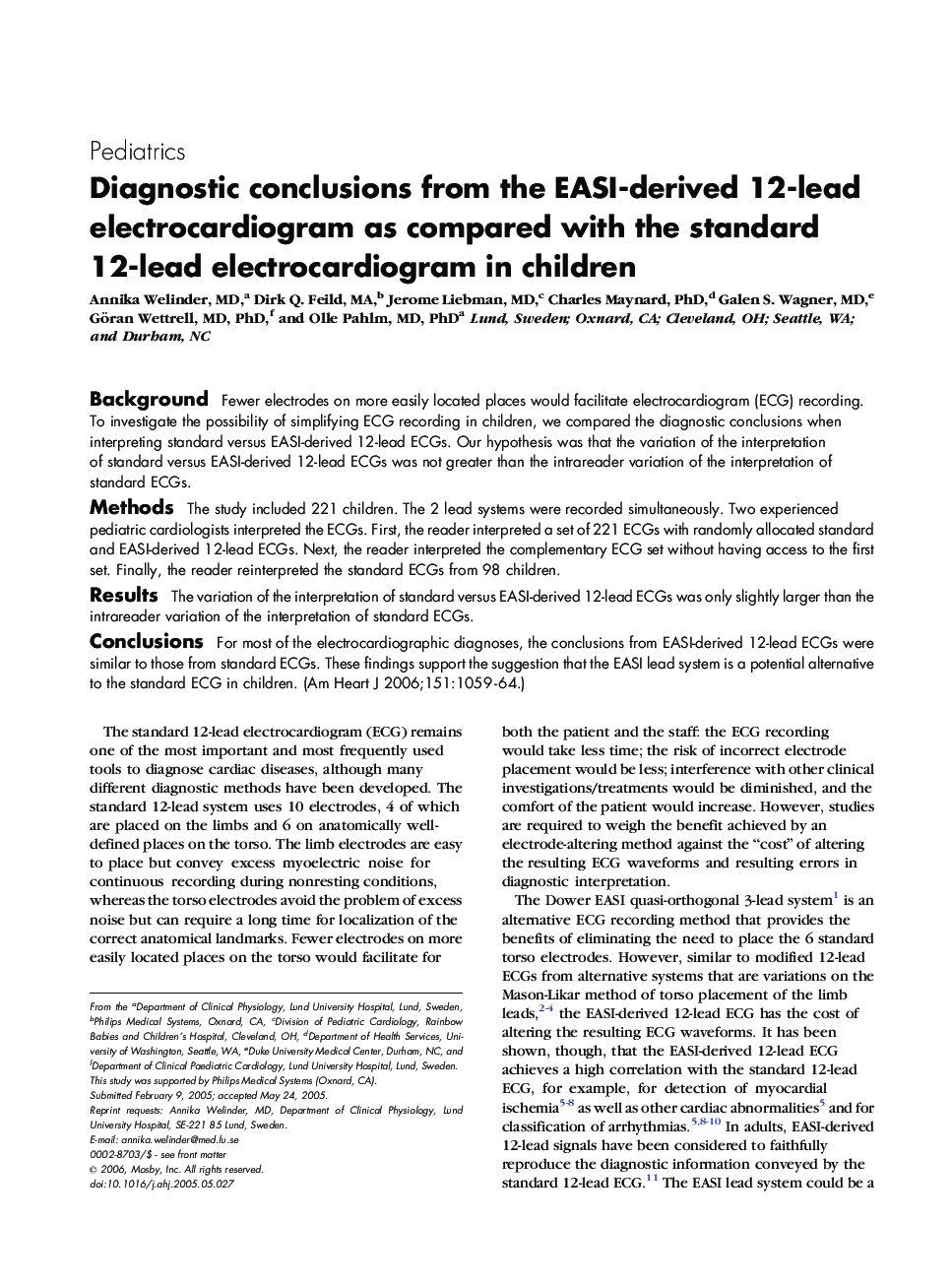 Diagnostic conclusions from the EASI-derived 12-lead electrocardiogram as compared with the standard 12-lead electrocardiogram in children 