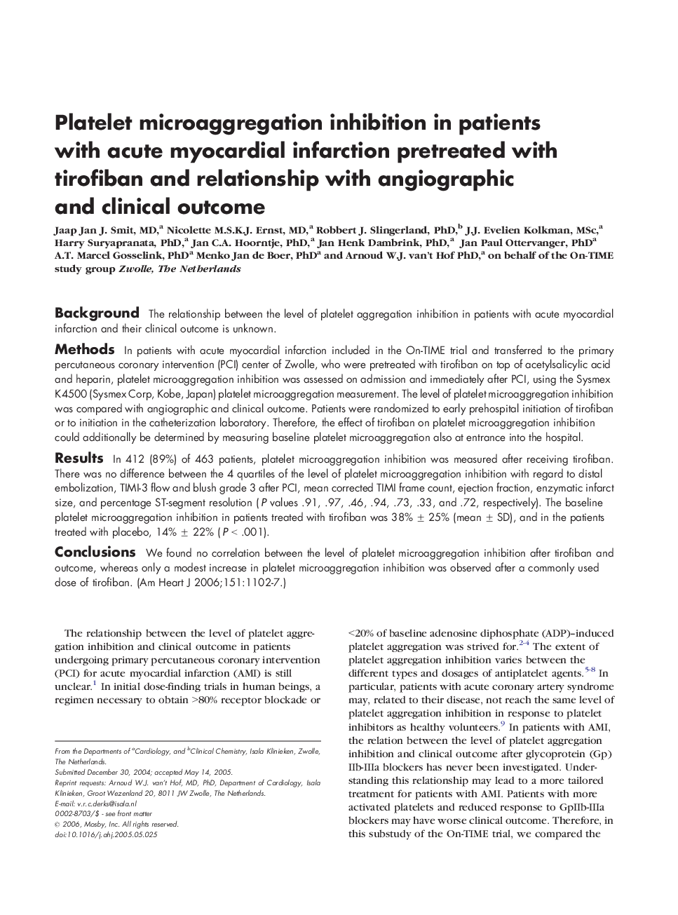 Platelet microaggregation inhibition in patients with acute myocardial infarction pretreated with tirofiban and relationship with angiographic and clinical outcome