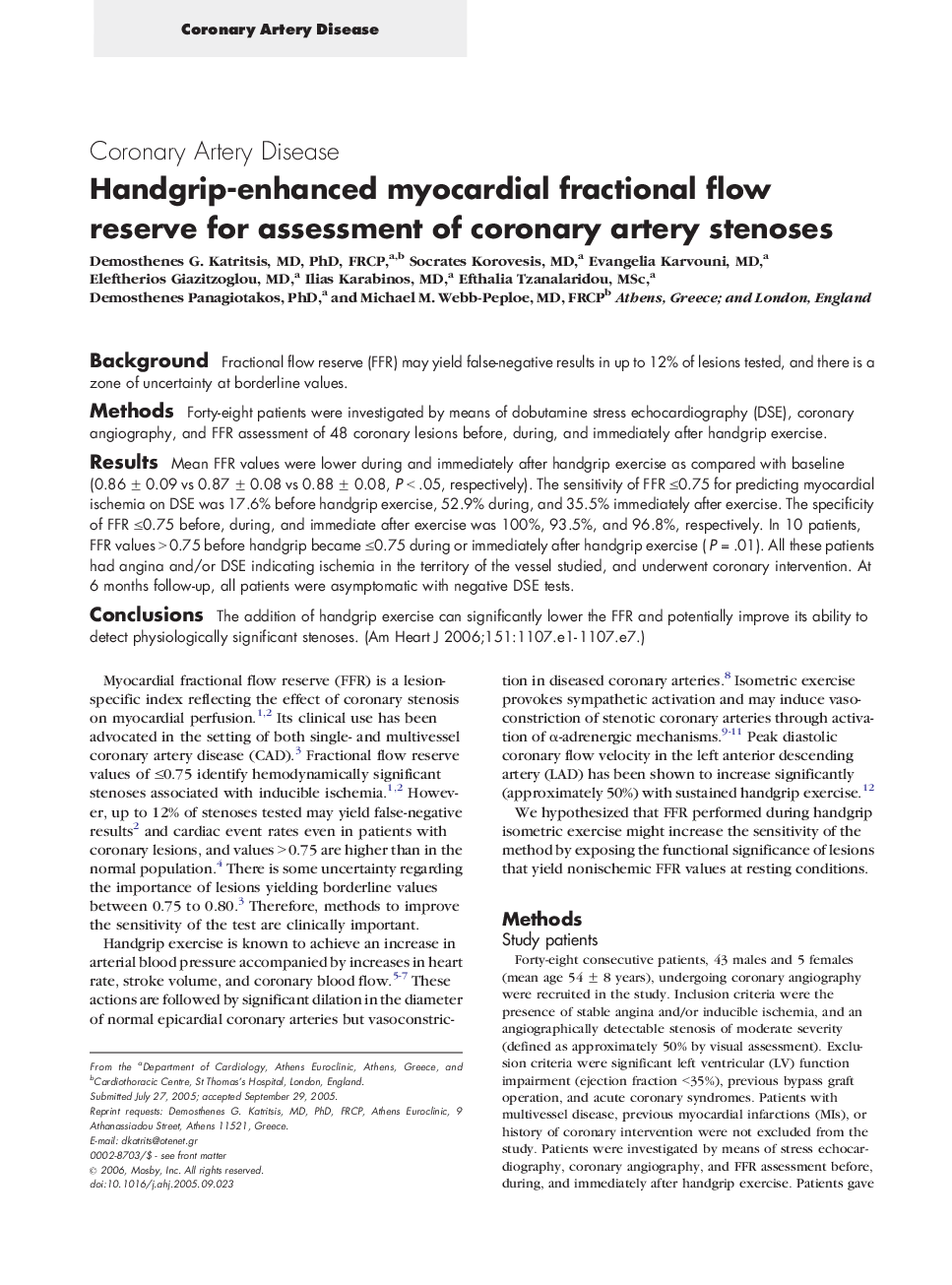 Handgrip-enhanced myocardial fractional flow reserve for assessment of coronary artery stenoses