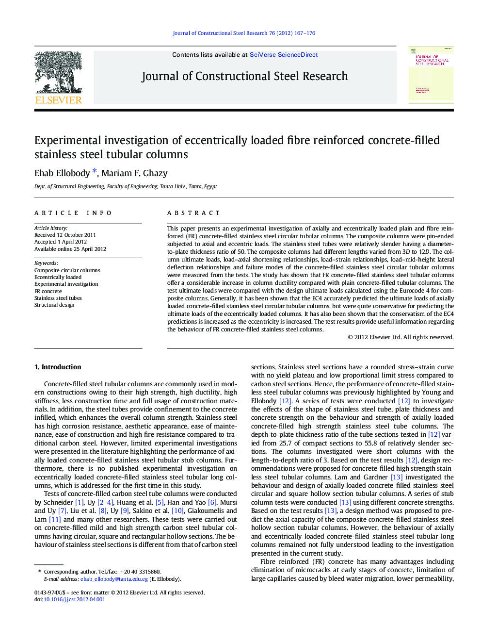 Experimental investigation of eccentrically loaded fibre reinforced concrete-filled stainless steel tubular columns