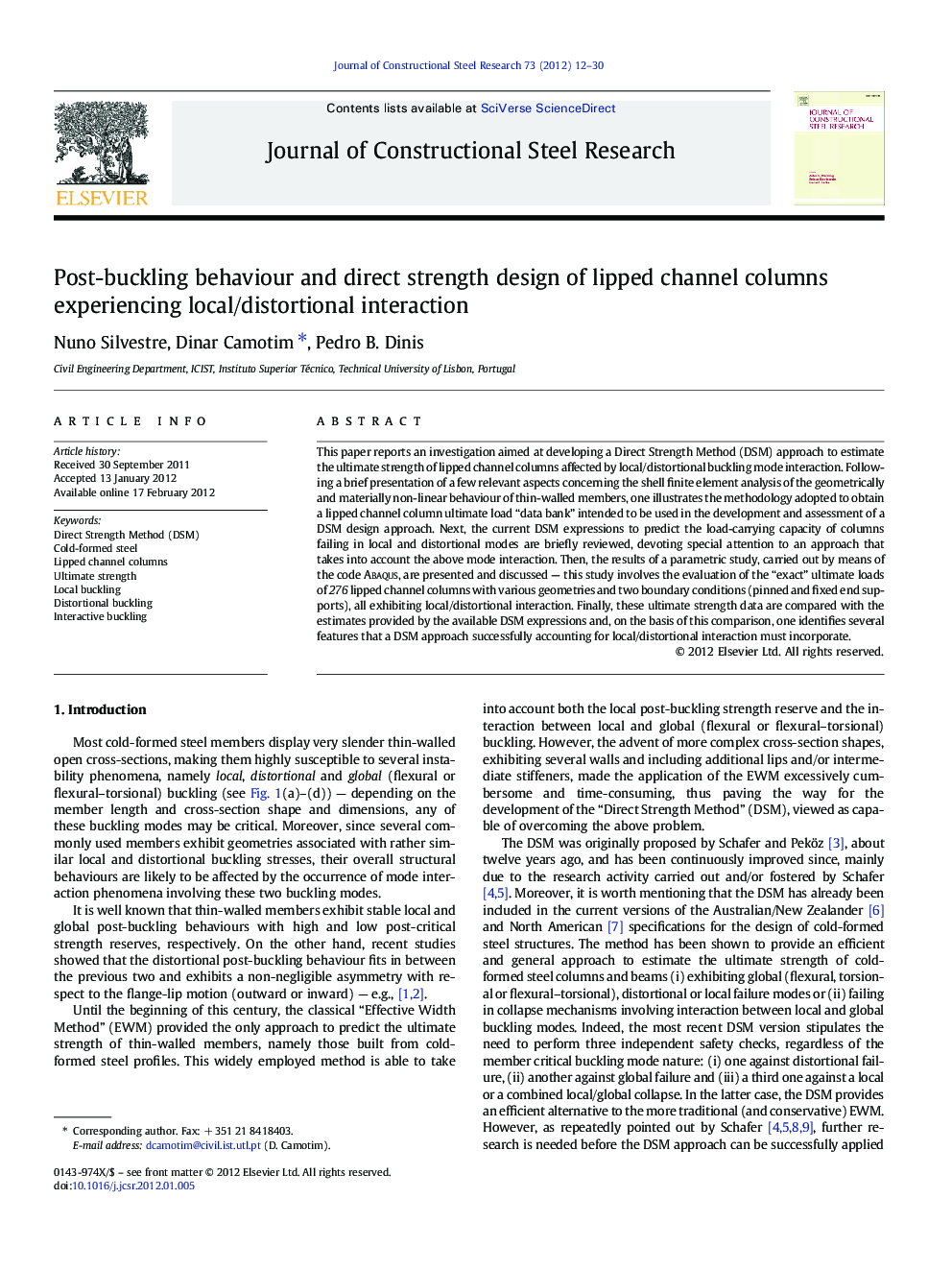 Post-buckling behaviour and direct strength design of lipped channel columns experiencing local/distortional interaction