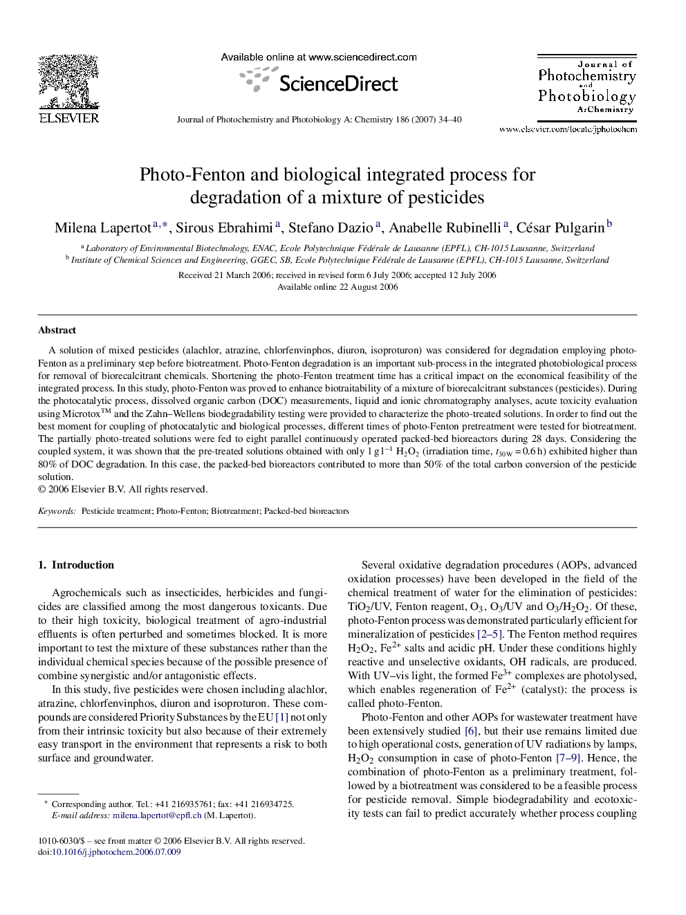 Photo-Fenton and biological integrated process for degradation of a mixture of pesticides