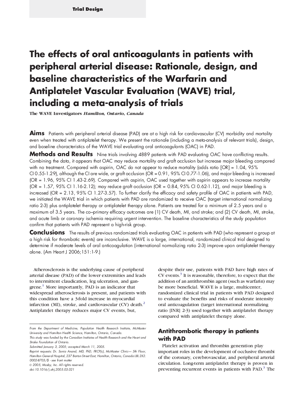 The effects of oral anticoagulants in patients with peripheral arterial disease: Rationale, design, and baseline characteristics of the Warfarin and Antiplatelet Vascular Evaluation (WAVE) trial, including a meta-analysis of trials 