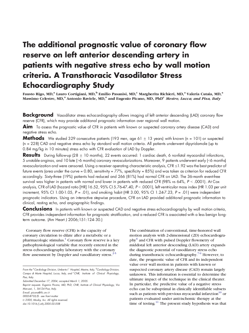 The additional prognostic value of coronary flow reserve on left anterior descending artery in patients with negative stress echo by wall motion criteria. A Transthoracic Vasodilator Stress Echocardiography Study