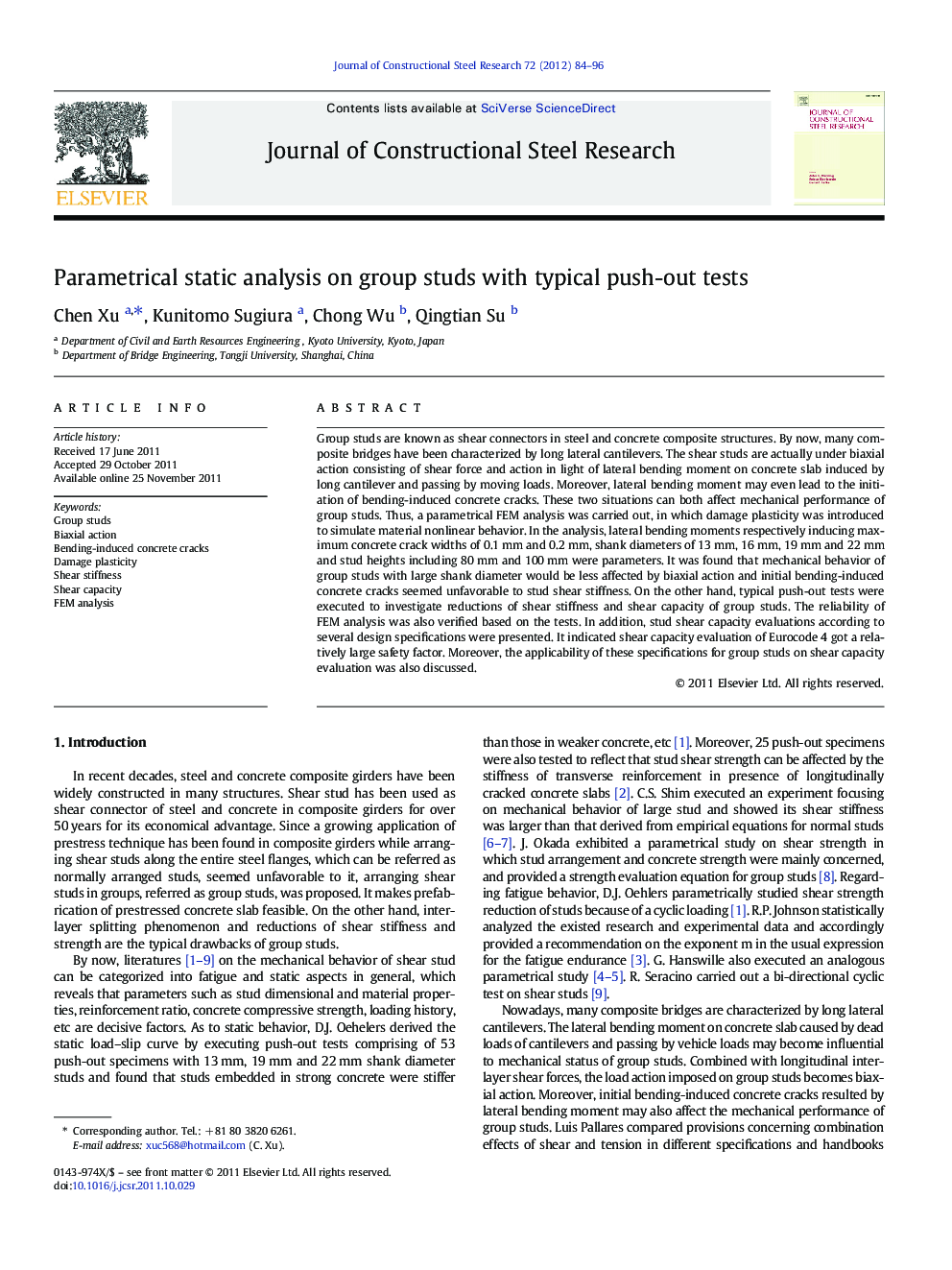 Parametrical static analysis on group studs with typical push-out tests