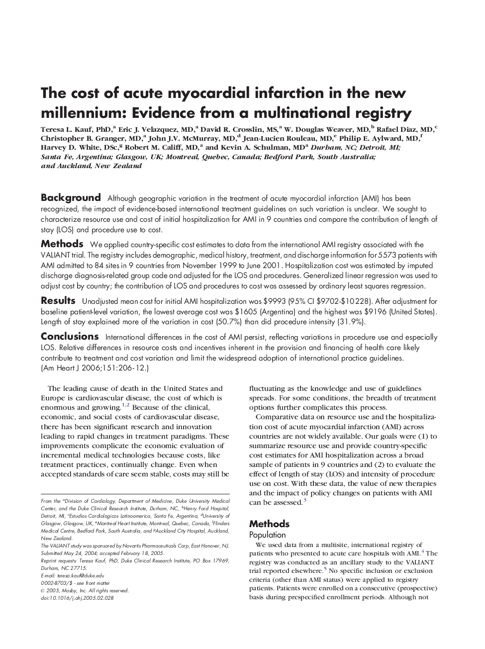 The cost of acute myocardial infarction in the new millennium: Evidence from a multinational registry 