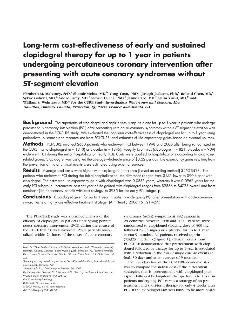 Long-term cost-effectiveness of early and sustained clopidogrel therapy for up to 1 year in patients undergoing percutaneous coronary intervention after presenting with acute coronary syndromes without ST-segment elevation 