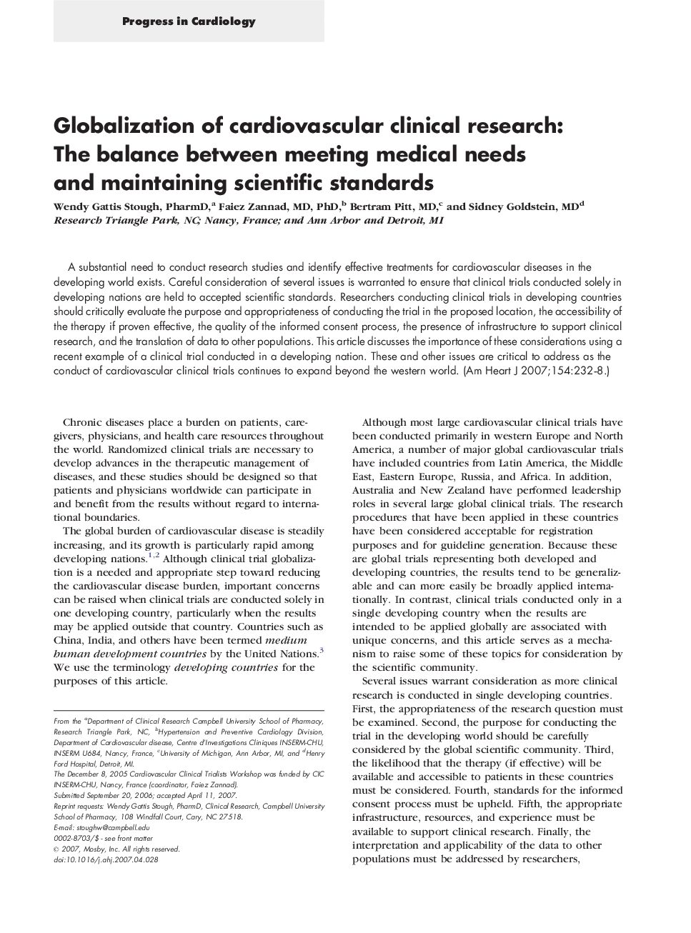 Globalization of cardiovascular clinical research: The balance between meeting medical needs and maintaining scientific standards 