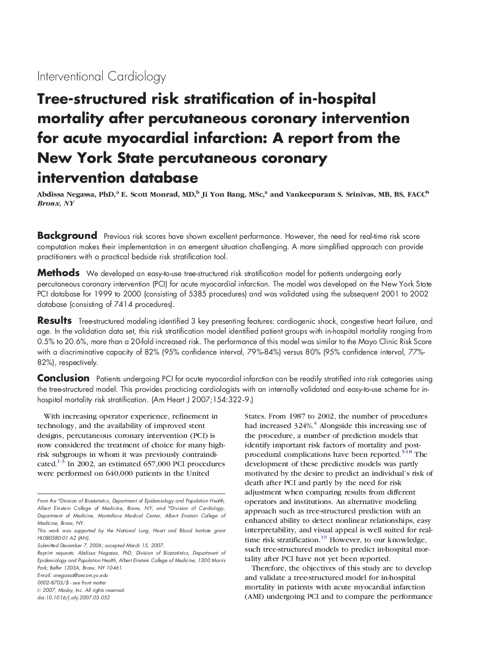 Tree-structured risk stratification of in-hospital mortality after percutaneous coronary intervention for acute myocardial infarction: A report from the New York State percutaneous coronary intervention database 