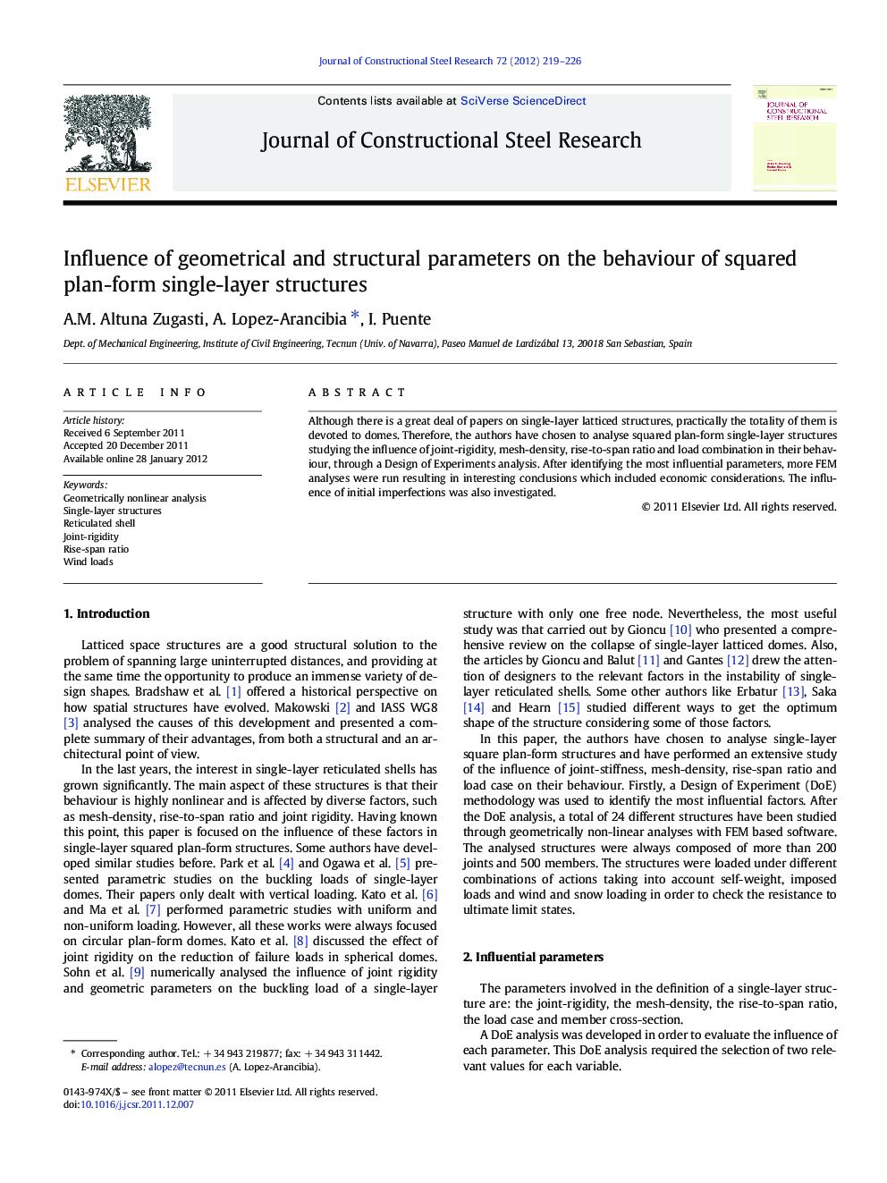 Influence of geometrical and structural parameters on the behaviour of squared plan-form single-layer structures