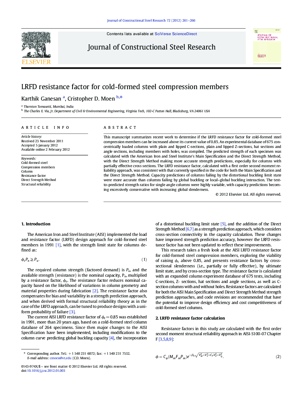 LRFD resistance factor for cold-formed steel compression members