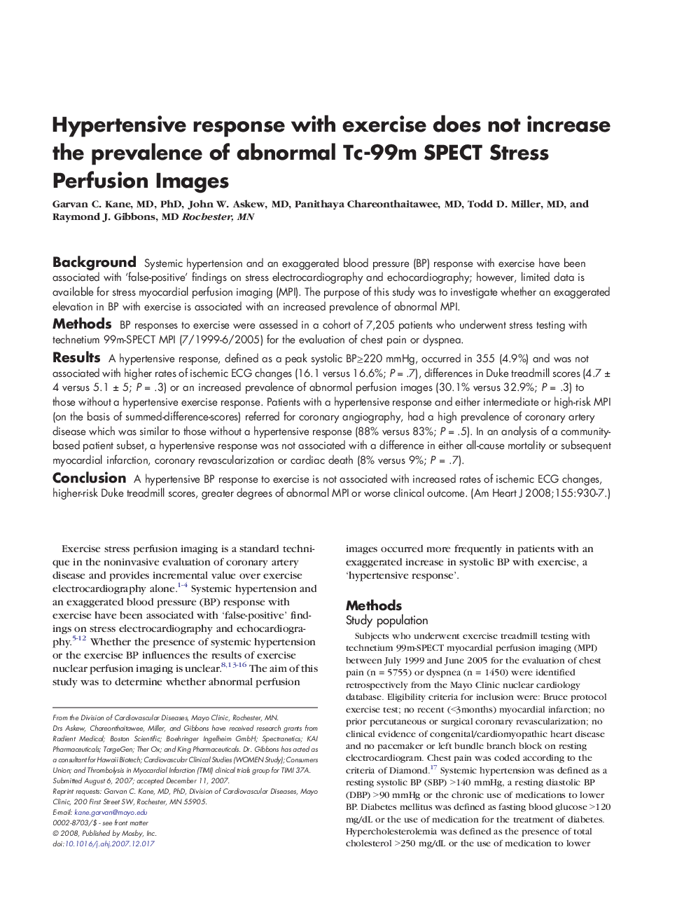 Hypertensive response with exercise does not increase the prevalence of abnormal Tc-99m SPECT Stress Perfusion Images 
