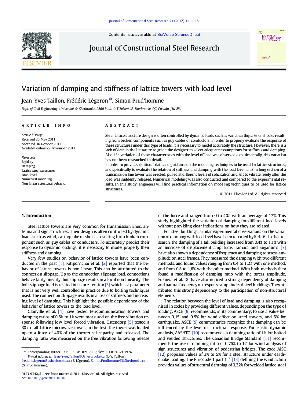 Variation of damping and stiffness of lattice towers with load level