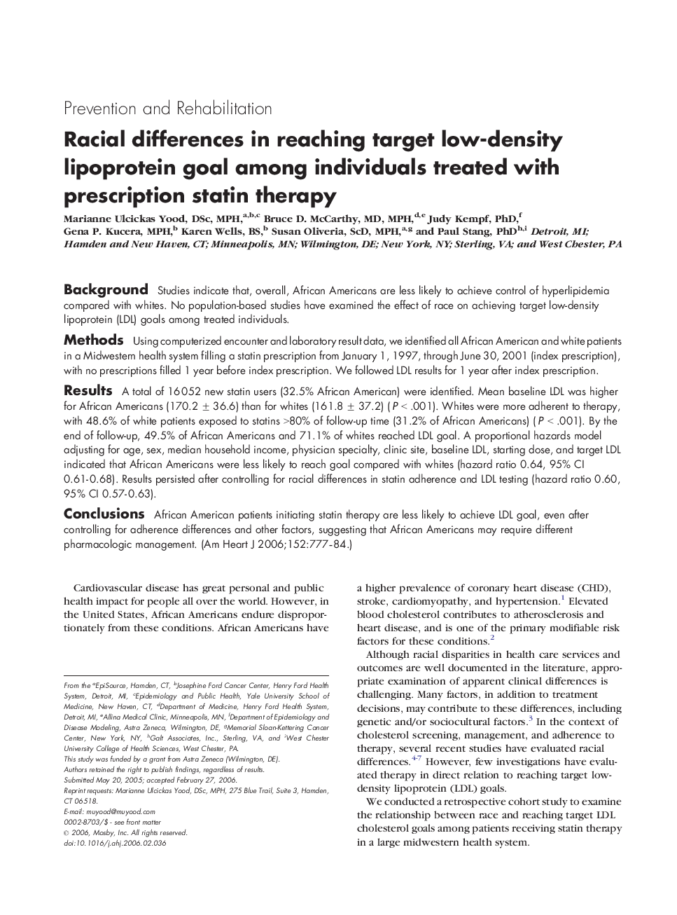 عکس صفحه اول مقاله: Racial differences in reaching target low-density lipoprotein goal among individuals treated with prescription statin therapy Racial differences in reaching target low-density lipoprotein goal among individuals treated with prescription statin therapy