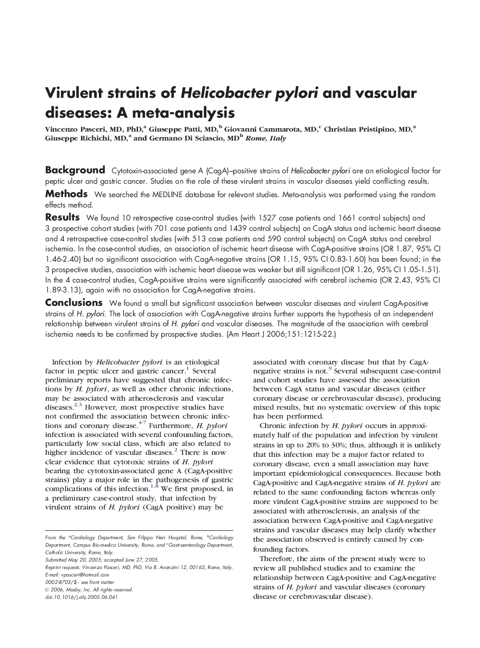 Virulent strains of Helicobacter pylori and vascular diseases: A meta-analysis