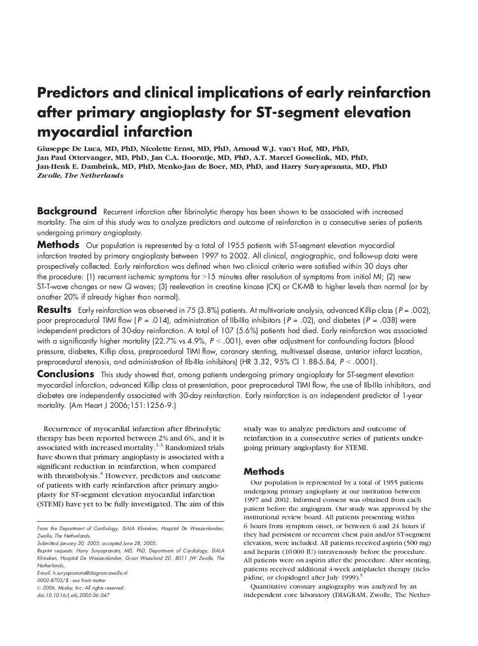 Predictors and clinical implications of early reinfarction after primary angioplasty for ST-segment elevation myocardial infarction