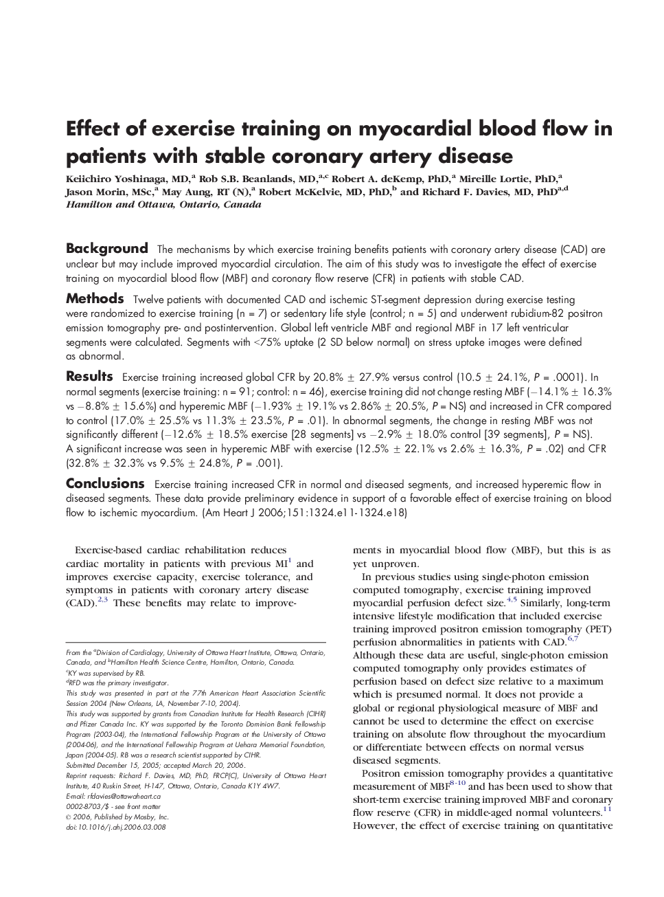 Effect of exercise training on myocardial blood flow in patients with stable coronary artery disease