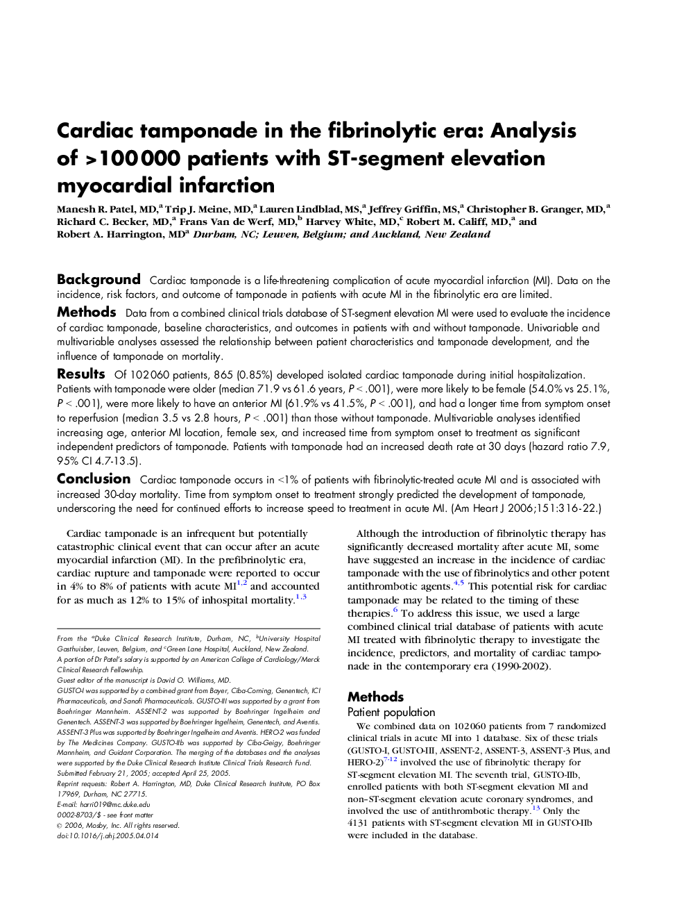 Cardiac tamponade in the fibrinolytic era: Analysis of >100 000 patients with ST-segment elevation myocardial infarction 