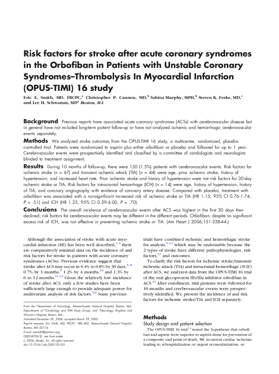 Risk factors for stroke after acute coronary syndromes in the Orbofiban in Patients with Unstable Coronary Syndromes–Thrombolysis In Myocardial Infarction (OPUS-TIMI) 16 study