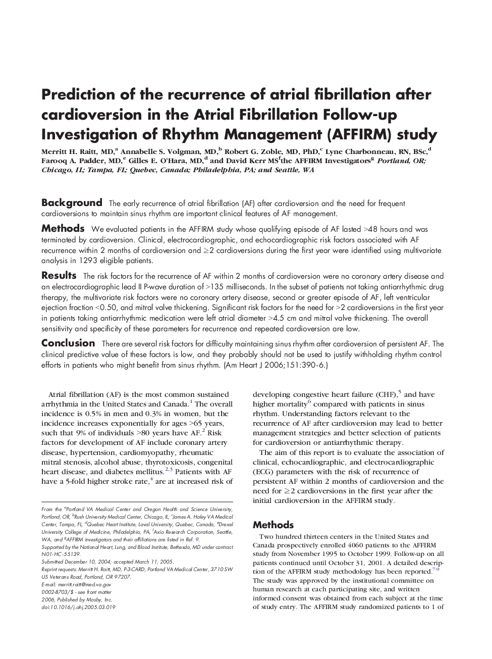 Prediction of the recurrence of atrial fibrillation after cardioversion in the Atrial Fibrillation Follow-up Investigation of Rhythm Management (AFFIRM) study 